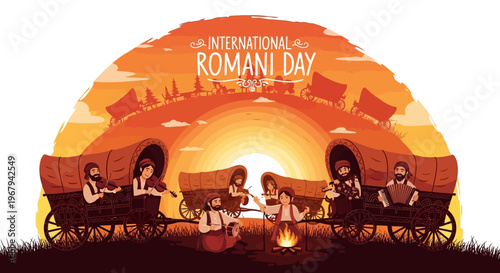 Illustration of Romani people celebrating International Romani Day with a campfire and traditional wagons in a vibrant orange and yellow sunset.