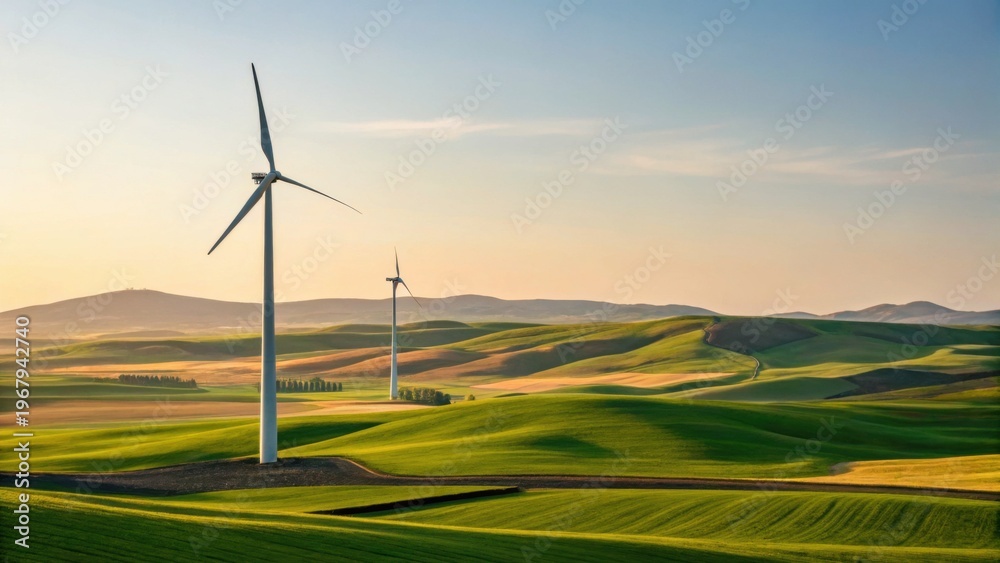 Obraz premium Two wind turbines stand tall over rolling green hills under a clear sky during sunset, symbolizing clean energy in a serene rural landscape.