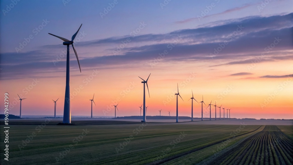 Obraz premium A row of wind turbines stands tall on a green field at sunset, generating clean energy under a colorful sky.