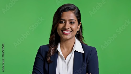 Professional businesswoman smiling against a vibrant green background