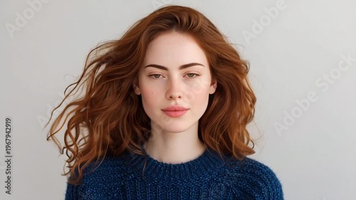 Young woman with red hair blowing.