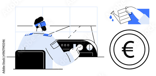 Aviation, finance, investment, economy, technology, decision-making. Person controlling airplane dashboard. Aviation and finance concept with visual focus on pilot and euro currency symbol