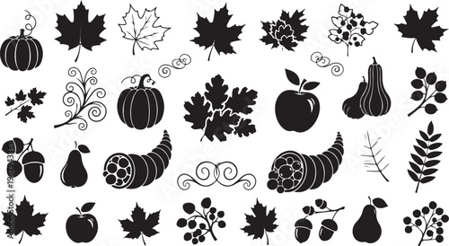 Autumn harvest icons with leaves and fruits in black