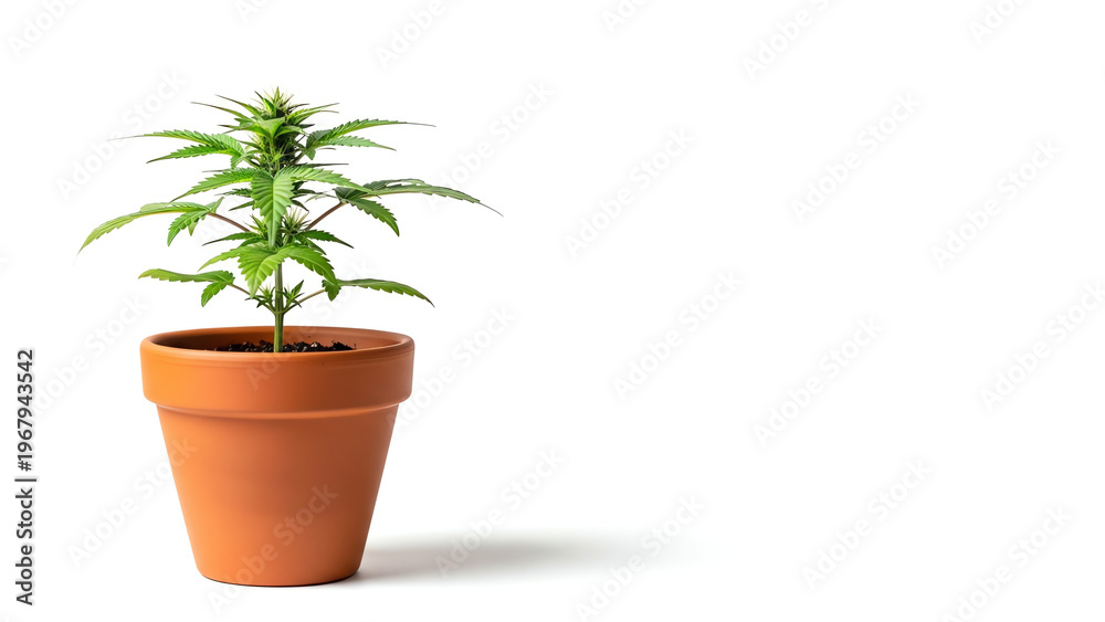 Fototapeta premium Cannabis Plant in a Terracotta Pot with Green Leaves on a White Background for Healthy Growth