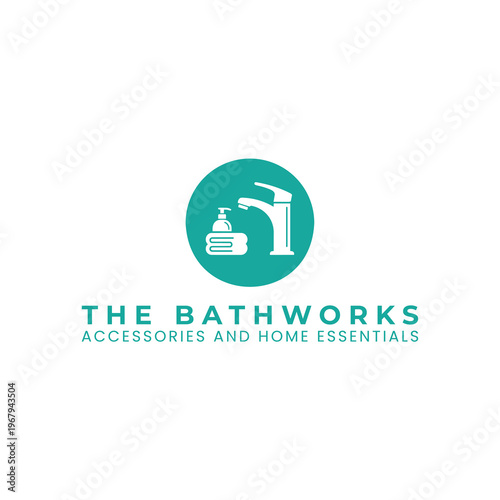 A sleek, teal, circular logo for a bathroom store. White icons of a modern tap, soap, and stacked towels represent clean, stylish essentials that can enhance any space's functionality.
