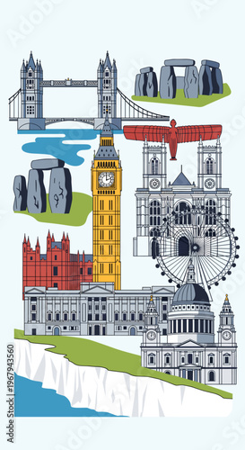 A vibrant collage of iconic British landmarks and structures, showcasing historical and modern architectural marvels.