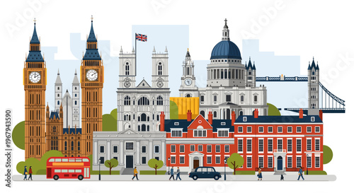 A vibrant illustration showcasing iconic London landmarks including Big Ben, the Houses of Parliament, St. Paul's Cathedral, and Tower Bridge, set against a clear sky with stylized trees and people.