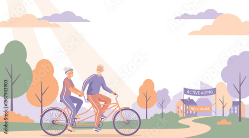 Senior couple happily riding a tandem bicycle on an outdoor path, promoting active aging, healthy lifestyle, and companionship, rendered in a serene flat pastel illustration with copy space.