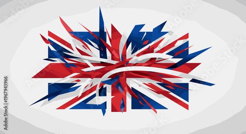 A dynamic and abstract interpretation of the Union Jack flag, exploding into sharp, fragmented pieces of red, white, and blue against a light background.