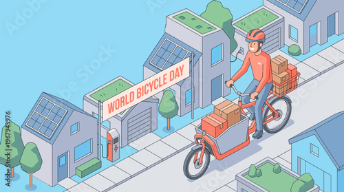 Cargo bike delivery rider delivering packages on street with solar homes, sustainable urban logistics, green transport, isometric flat design, pastel colors, outdoor wide view.