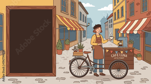Smiling barista woman, mobile coffee vendor operating coffee bike cart on city street. Charming small business, urban lifestyle concept, Hand-drawn flat style, full view with copy space.