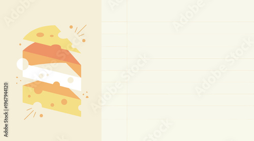 Stacked cheese blocks with classic holes, dynamically layered in a vibrant flat design, representing a gourmet culinary celebration on a clean background with copy space.