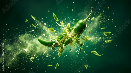 Obraz na płótnie Exploding Green Chili Pepper with Smashed Pieces and Spicy Powder Dust Cloud
