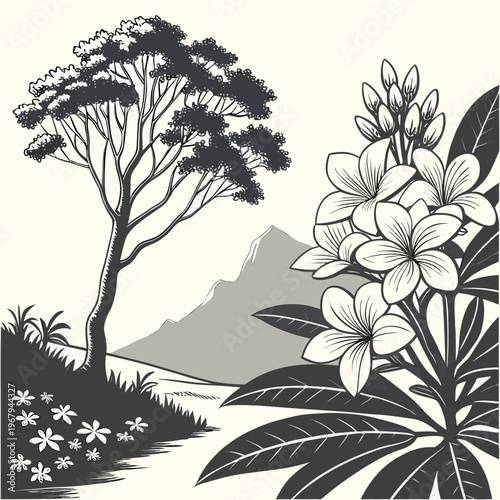 Black and white illustration of a tree and flowers with a mountain in the background in a natural landscape setting with foliage and plants