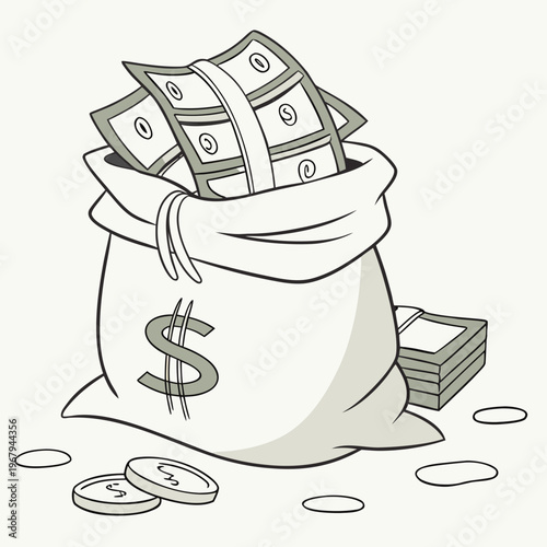 A money bag filled with cash and coins on a neutral background with a stack of bills