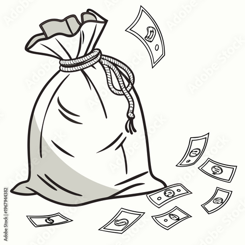 A cartoon illustration of a money bag with dollars falling out