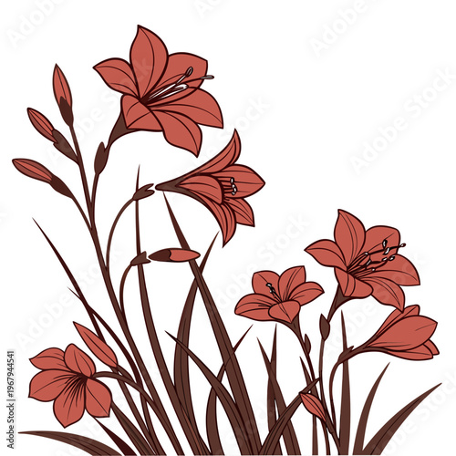 Vector illustration of red lilies on with brown stems and leaves