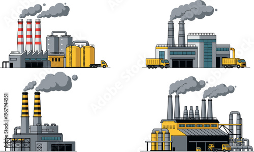 Industrial factory vector illustration set with power plants, smokestacks, trucks, warehouses, pollution concept, heavy industry, manufacturing buildings and energy production