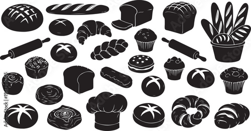 Black and white bakery icons and utensils illustration set