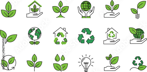 Eco-friendly Nature Conservation and Environmental Protection Icons Set Vector Illustration