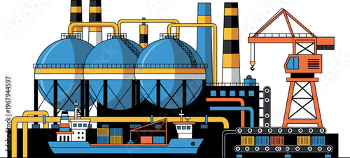 Industrial port factory vector illustration with oil tanks, pipelines, crane, cargo ship, refinery plant, shipping logistics and heavy industry infrastructure