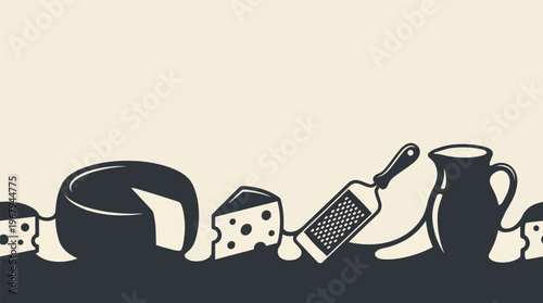 Cheese varieties, dairy items & grater in flat graphic border. Food preparation, deliciousness. Minimalist two-tone silhouette vector art, clean background.