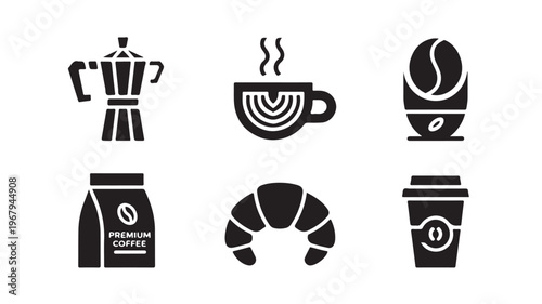 Coffee Icons Set with Espresso Maker, Roasted Beans, and Croissant; Minimalist Food and Beverage Vector Symbols for Cafe Branding
