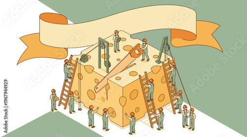 Miners carving giant cheese block with tools and ladders, teamwork crafting industry concept, isometric line art with retro colors and blank banner copy space.