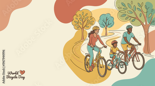 Diverse family of three happily pedaling along a winding park path, symbolizing outdoor adventure and healthy togetherness, in a warm, earthy-toned doodle illustration with ample copy space.