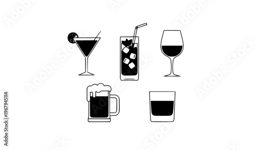 Circular drink icon set bar cocktail wine vector