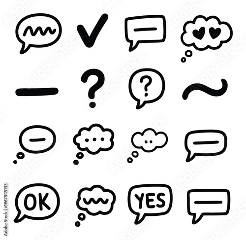 Collection of Hand-Drawn Speech Bubbles, Question Marks, and Symbols