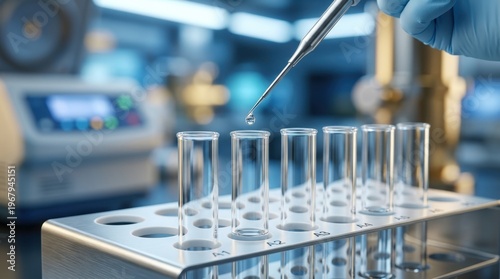 Scientist conducting precise liquid drop experiment with glass test tubes in a modern laboratory setting