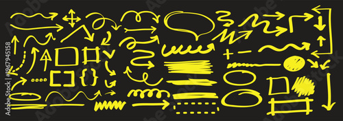 Dynamic highlight and marker show arrow and line, highlight and marker energize design. arrow and line move on paper around circle, shape, pen, underline