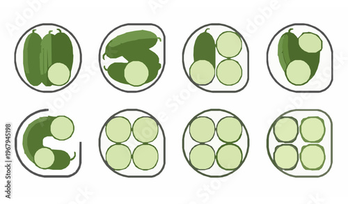 Cucumber icons in frames fresh vegetable vector set