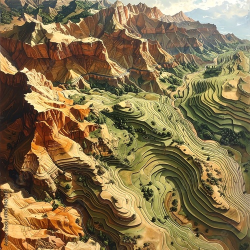 Aerial view of a vast canyon with layered terrain and sparse vegetation
