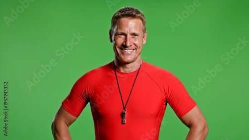 Smiling fit man in red athletic shirt against green screen