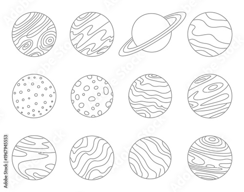 Collection of Stylized Planets and Celestial Bodies with Swirling Patterns