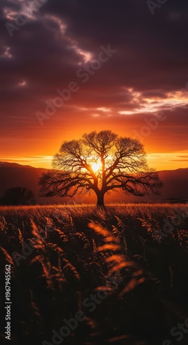 A tree stands alone at sunset