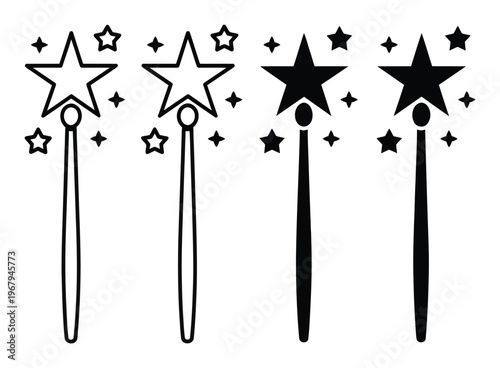 Four Magic Wands with Stars: Two Outline, Two Solid Black