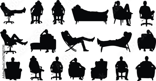 people relaxing silhouettes, chair and sofa poses set, leisure lifestyle collection, sitting reclining positions, comfort indoor, furniture, human posture illustration