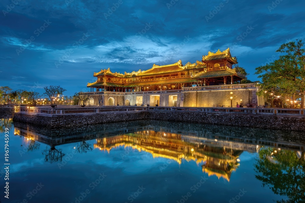 Naklejka premium Illuminated fortress reflecting in water at dusk. Ornate architecture, evening lights