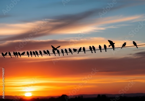 Birds sitting on a wire during sunset