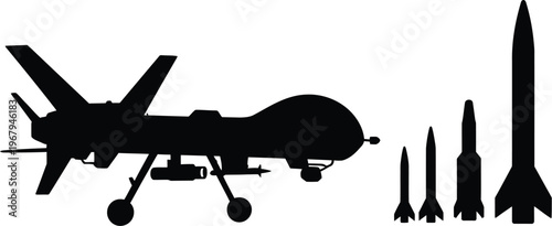 Military drone UAV and missile silhouette set, unmanned aerial vehicle with rockets and weapon systems isolated vector collection for defense aviation and military design.