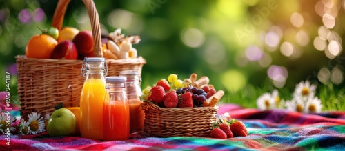 A delightful picnic basket filled with fresh fruits juices and treats in a sunlit garden