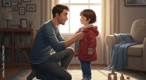 Illustration of a father helping child with coat