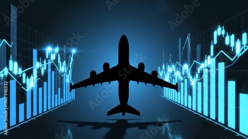 Airplane silhouette flying over digital financial charts