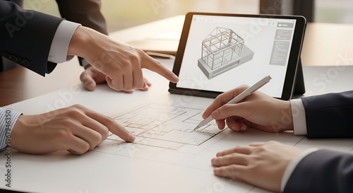Architectural Design Meeting on Tablet and Blueprints
