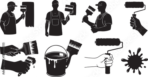 Silhouette of a man painting with various tools and brushes