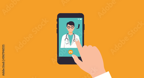 Hand touching smartphone screen to connect with doctor via telehealth consultation for medical advice.
