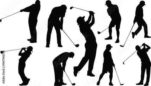 Golf player silhouettes collection, golfers swinging clubs vector illustration, professional sport activity poses, isolated black figures set for design, training, competition concept